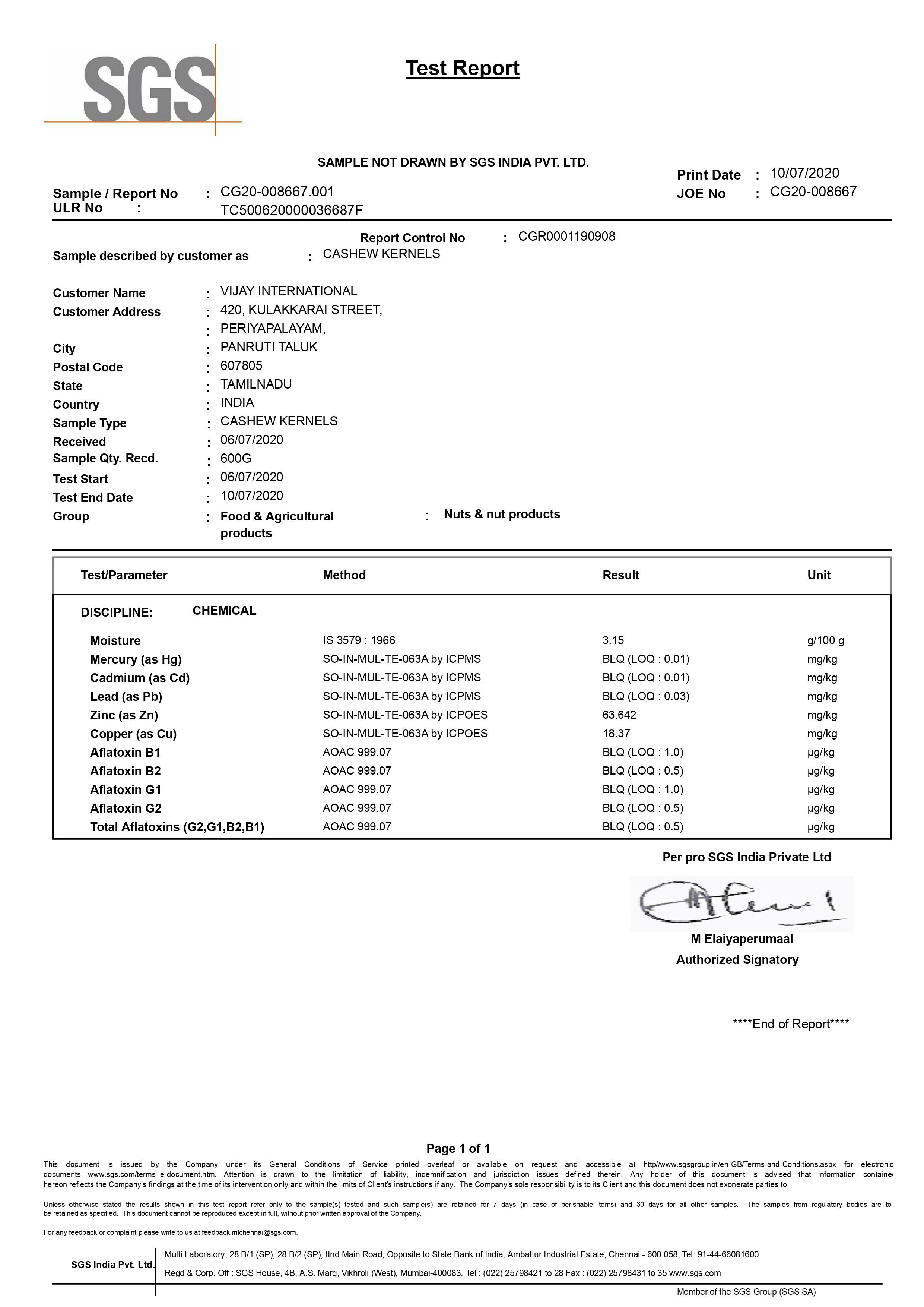 Heavy Metals and Aflatoxin Laboratory Test Report