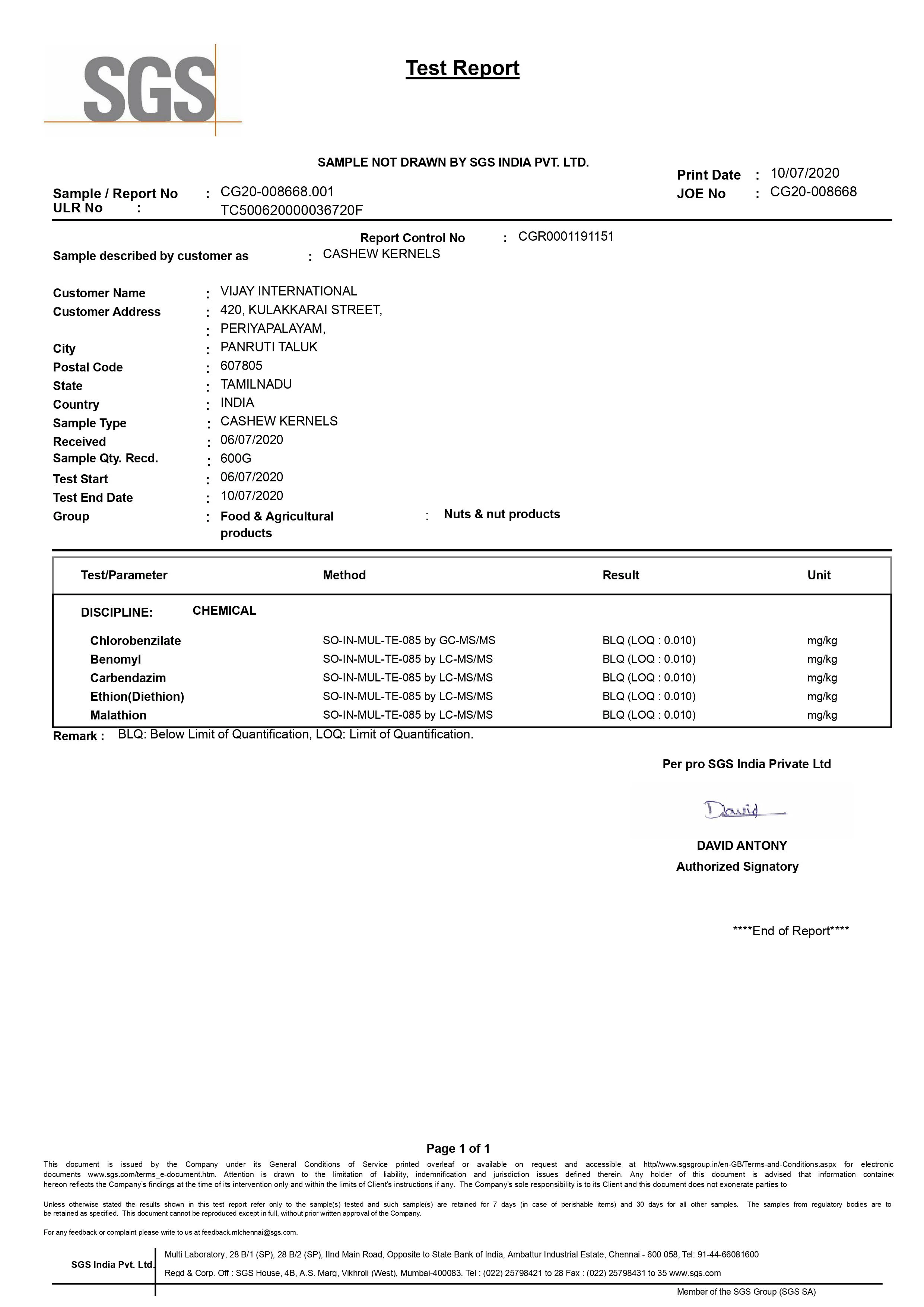Pesticide Residue Analysis Laboratory Test Report